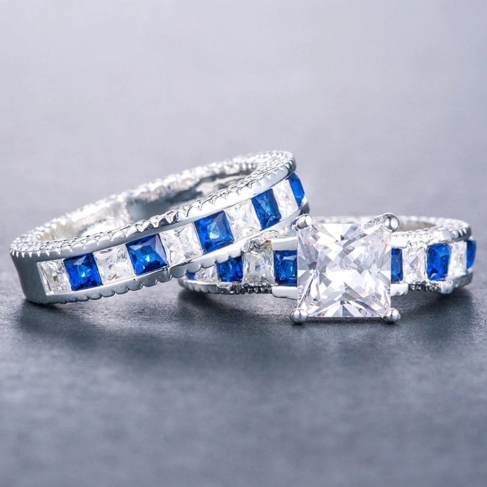 NEW 925 Sterling Silver Princess Cut Sapphire Ring - Picture 11 of 13